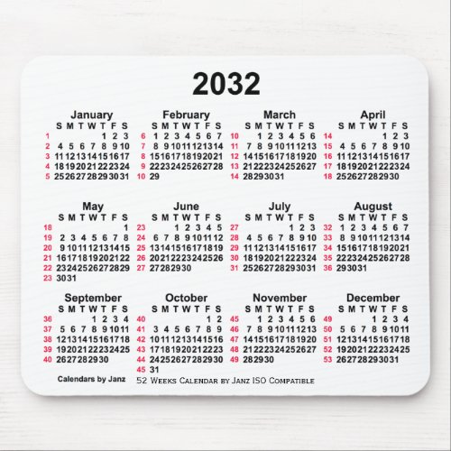 2032 White 52 Weeks ISO Calendar by Janz Mouse Pad