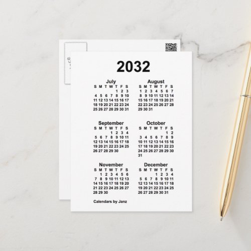 2032 White 6 Month Mini Calendar by Janz Postcard
