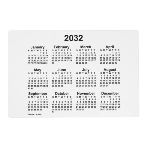 2032 White Calendar by Janz Laminated Placemat