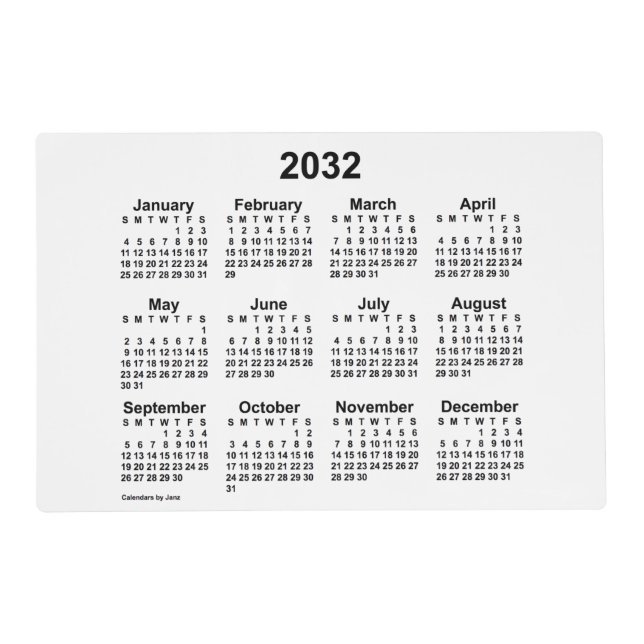 2032 White Calendar by Janz Laminated Placemat (Front)