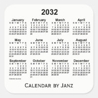 2032 White Calendar by Janz Square Sticker | Zazzle