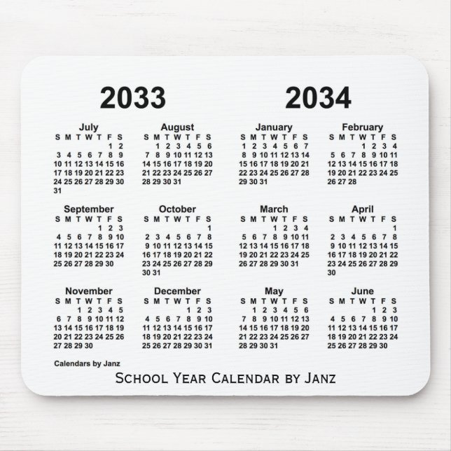 2033-2034 White School Year Calendar by Janz Mouse Pad (Front)