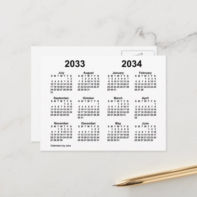 2033-2034 White School Year Calendar by Janz Postcard (Front/Back In Situ)