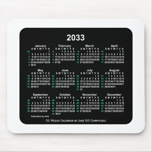 2033 Neon 52 Weeks ISO Calendar by Janz Two Tone Mouse Pad