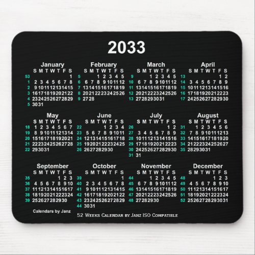 2033 Neon White 52 Weeks ISO Calendar by Janz Mouse Pad