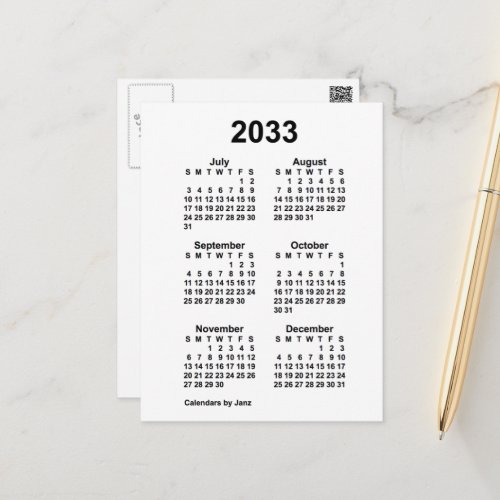 2033 White 6 Month Mini Calendar by Janz Postcard