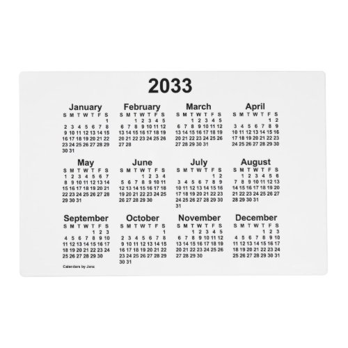 2033 White Calendar by Janz Laminated Placemat