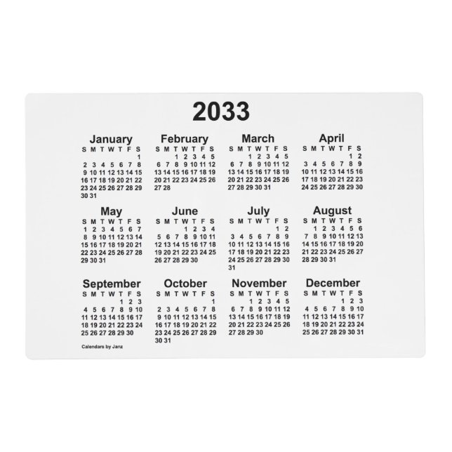 2033 White Calendar by Janz Laminated Placemat (Front)