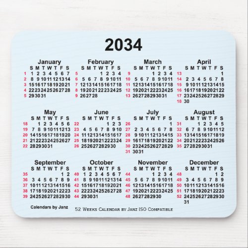 2034 Alice Blue 52 Weeks ISO Calendar by Janz Mouse Pad