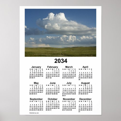 2034 Nebraska Sandhills Calendar by Janz Poster