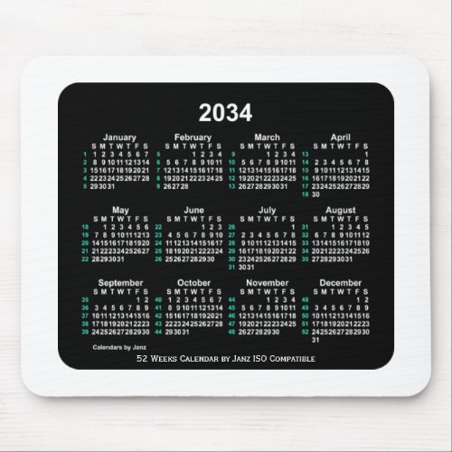 2034 Neon 52 Weeks ISO Calendar by Janz Two Tone Mouse Pad