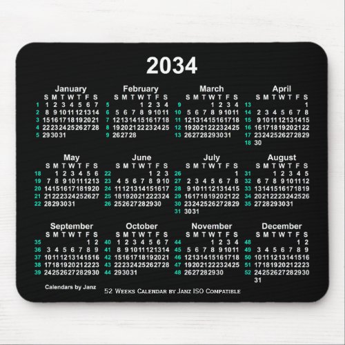 2034 Neon White 52 Weeks ISO Calendar by Janz Mouse Pad