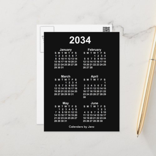 2034 Neon White 6 Month Mini Calendar by Janz Postcard