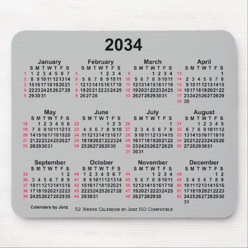 2034 Silver 52 Weeks ISO Calendar by Janz Mouse Pad