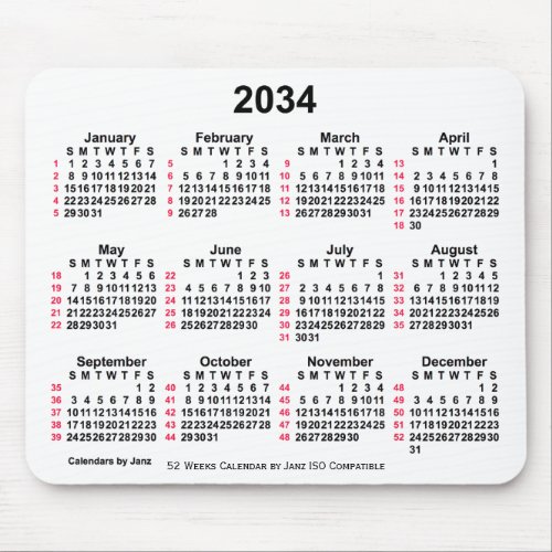 2034 White 52 Weeks ISO Calendar by Janz Mouse Pad