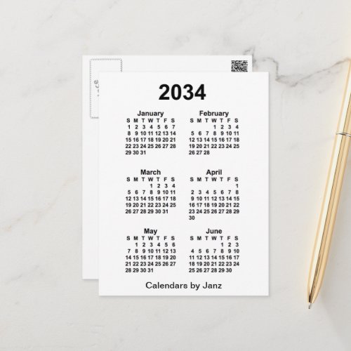 2034 White 6 Month Mini Calendar by Janz Postcard