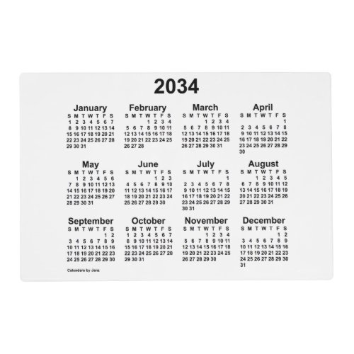 2034 White Calendar by Janz Laminated Placemat