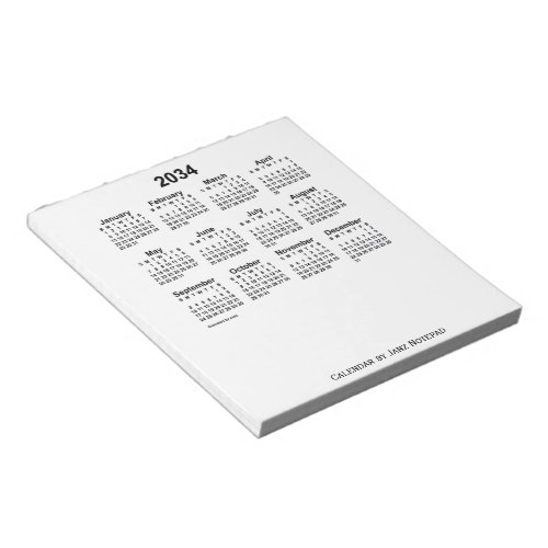 2034 White Calendar by Janz Notepad