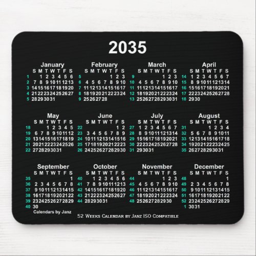 2035 Neon White 52 Weeks ISO Calendar by Janz Mouse Pad