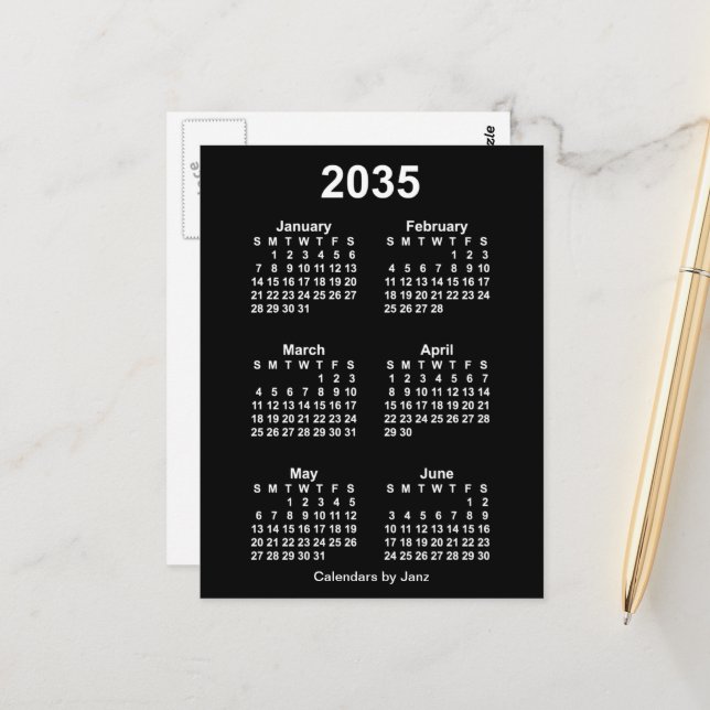 2035 Neon White 6 Month Mini Calendar by Janz Postcard (Front/Back In Situ)