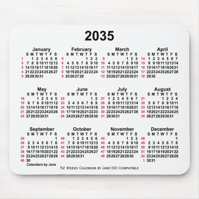 2035 White 52 Weeks ISO Calendar by Janz Mouse Pad (Front)
