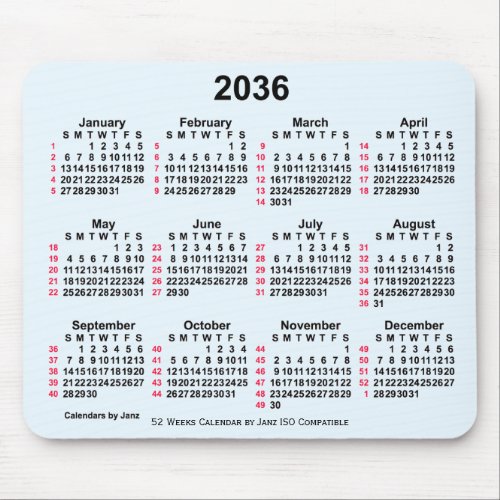 2036 Alice Blue 52 Weeks ISO Calendar by Janz Mouse Pad