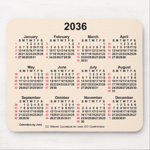 2036 Antique White 52 Weeks ISO Calendar by Janz Mouse Pad