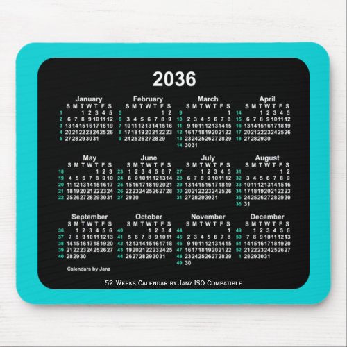 2036 Neon 52 Weeks ISO Calendar by Janz Two Tone Mouse Pad