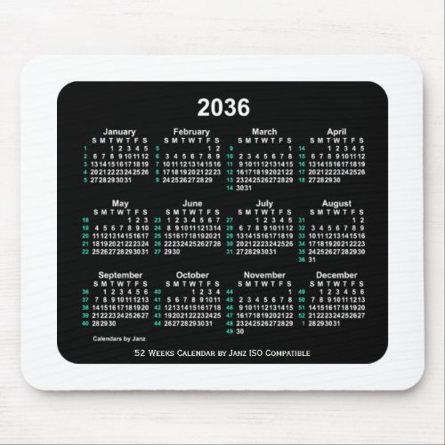 2036 Neon 52 Weeks ISO Calendar by Janz Two Tone Mouse Pad