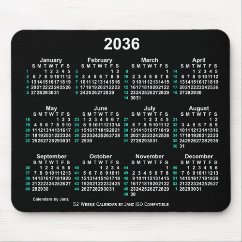 2036 Neon White 52 Weeks ISO Calendar by Janz Mouse Pad