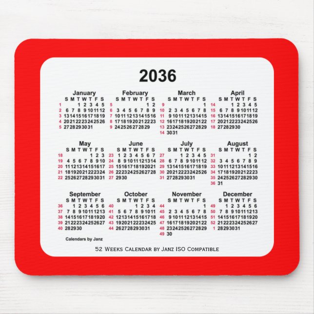 2036 Red 52 Weeks ISO Calendar by Janz Two Tone Mouse Pad (Front)