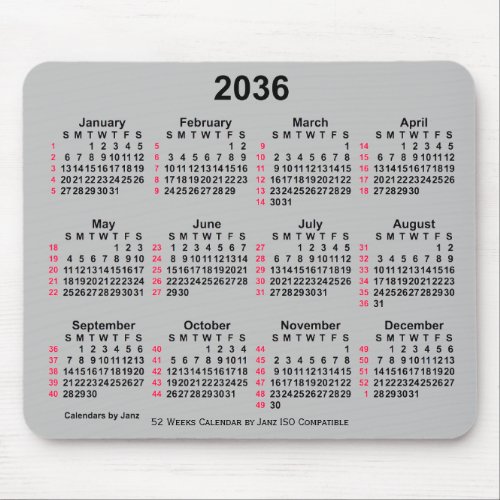 2036 Silver 52 Weeks ISO Calendar by Janz Mouse Pad