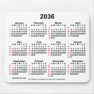 2036 White 52 Weeks ISO Calendar by Janz Mouse Pad
