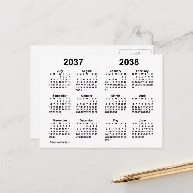2037-2038 White School Year Calendar by Janz Postcard (Front/Back In Situ)