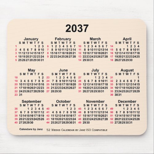 2037 Antique White 52 Weeks ISO Calendar by Janz Mouse Pad