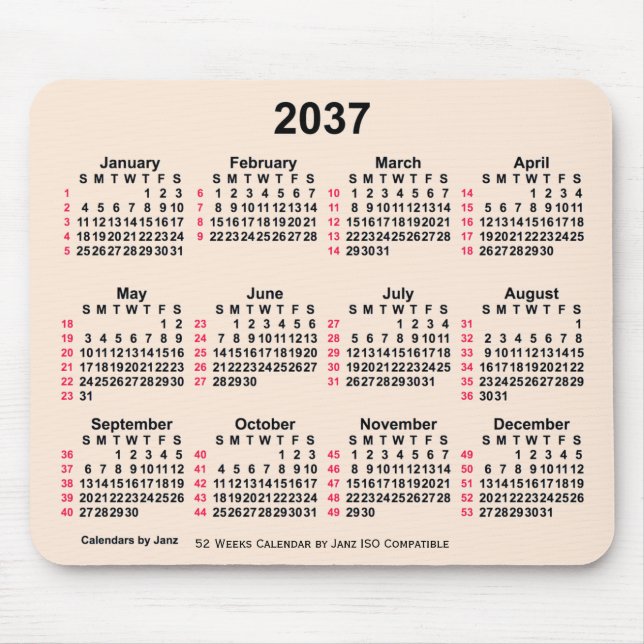 2037 Antique White 52 Weeks ISO Calendar by Janz Mouse Pad (Front)