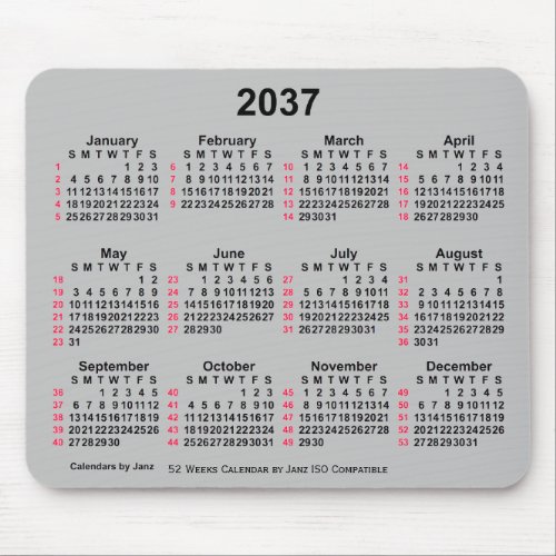 2037 Silver 52 Weeks ISO Calendar by Janz Mouse Pad