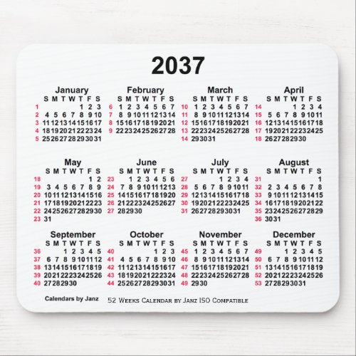 2037 White 52 Weeks ISO Calendar by Janz Mouse Pad