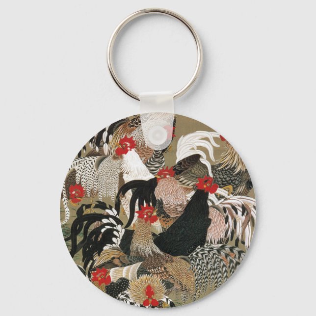 20. 群鶏図, 若冲 Flock of Roosters, Jakuchu Keychain (Front)