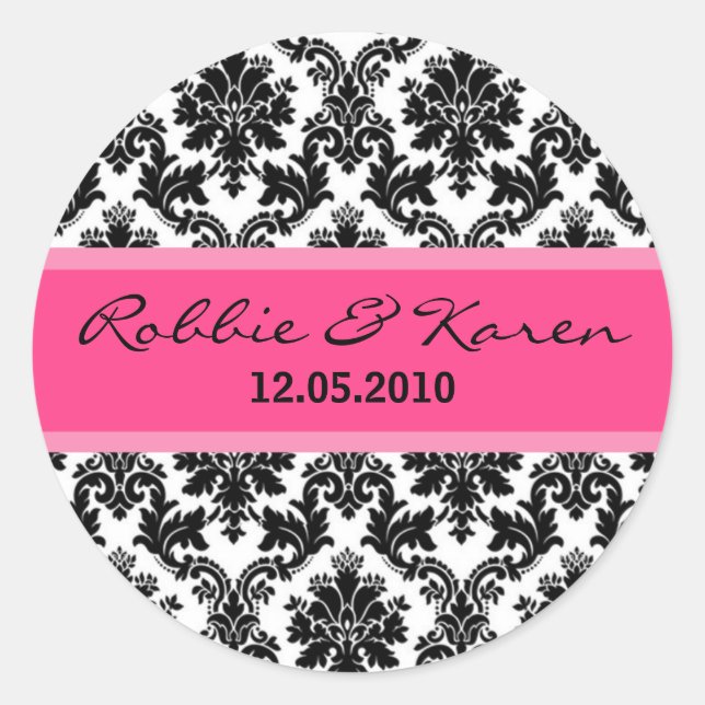 20 - 1.50" Black Damask & Hot Pink Favor Stickers (Front)