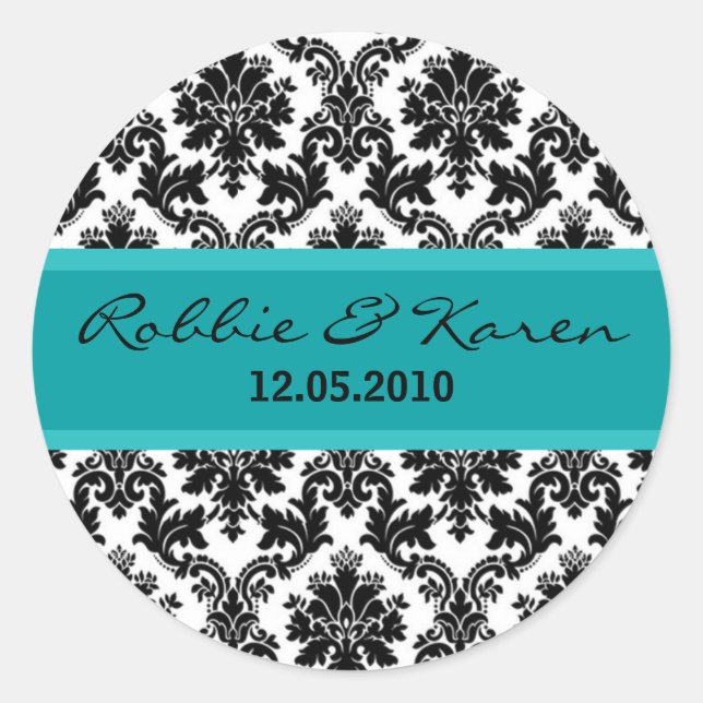20 - 1.50" Black Damask & Teal Favor Stickers (Front)