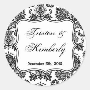 20 - 1.5" Favor Stickers Black White Damask Lace
