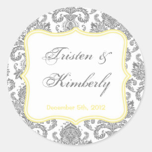 20 - 1.5"  Favor Stickers Gray Yellow Damask Lace