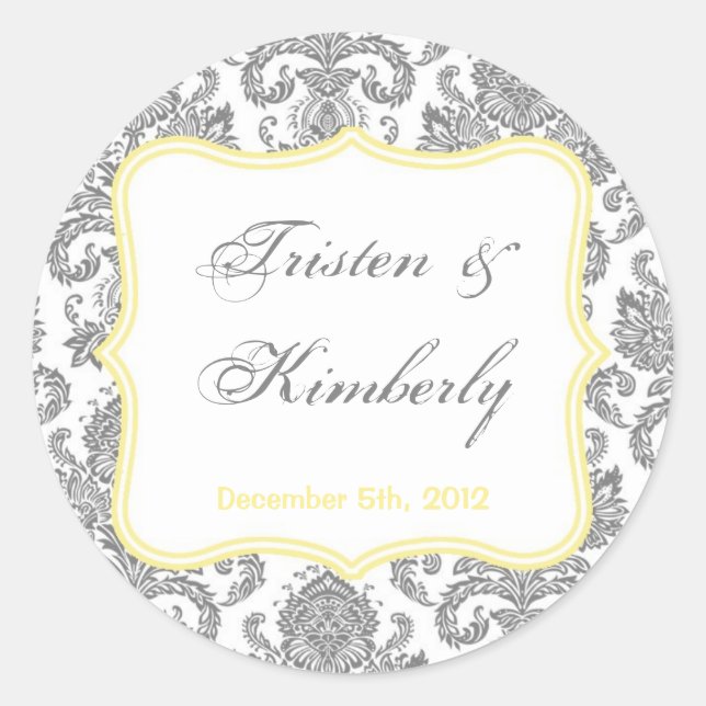 20 - 1.5"  Favor Stickers Gray Yellow Damask Lace (Front)