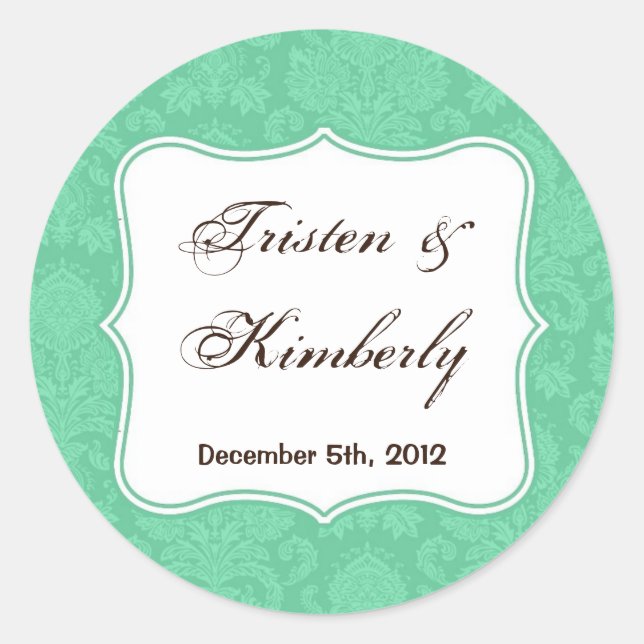 20 - 1.5"  Favor Stickers Mint White Damask Lace (Front)