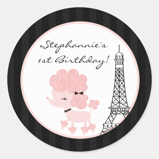20 - 1.5"  Favor Stickers Pink Poodle in Paris (Front)
