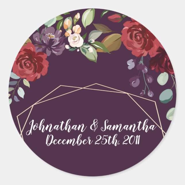 20 - 1.5"  Favor Stickers Plum Purple Roses Gold G (Front)