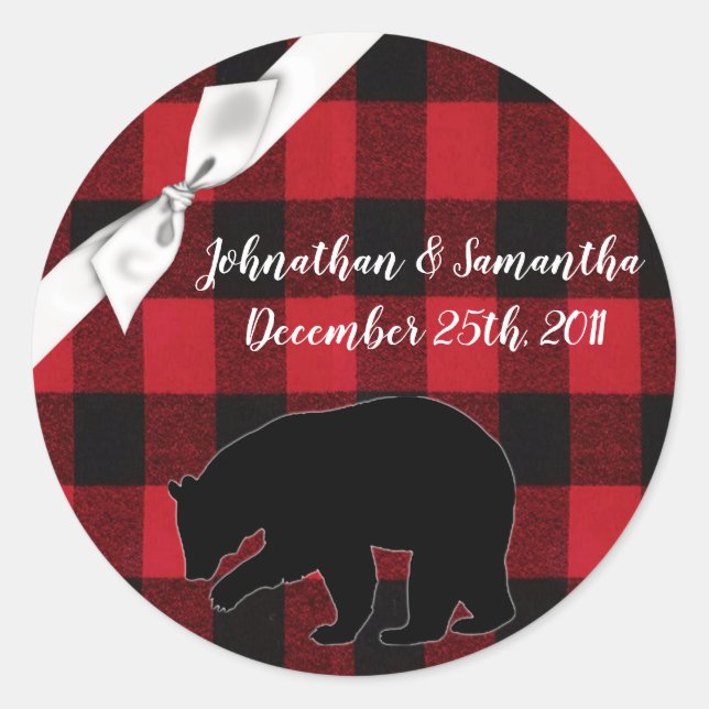 20 - 1.5"  Favor Stickers Red Buffalo Plaid Bear (Front)