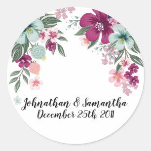 20 - 1.5" Favor Stickers Tropical Flowers on White