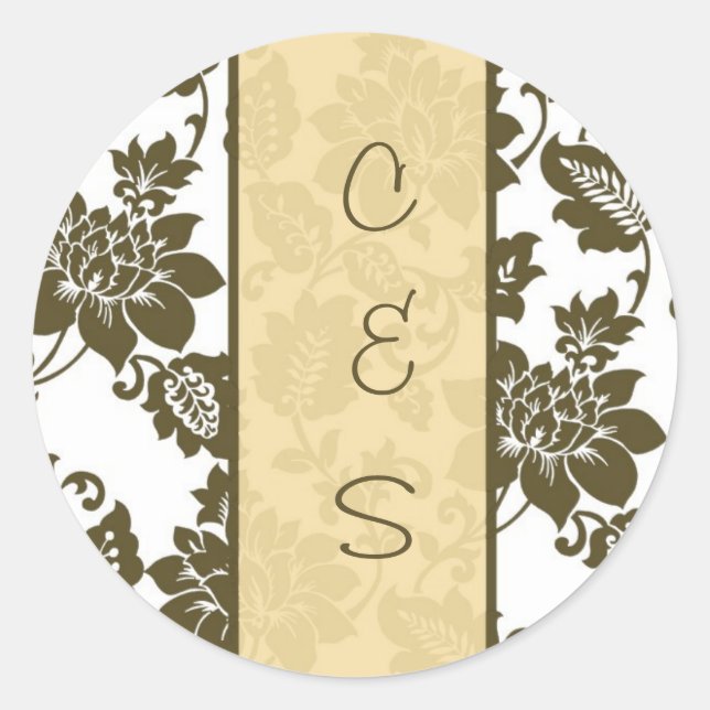 20 Brown/Creme Floral Damask Wedding Stickers (Front)